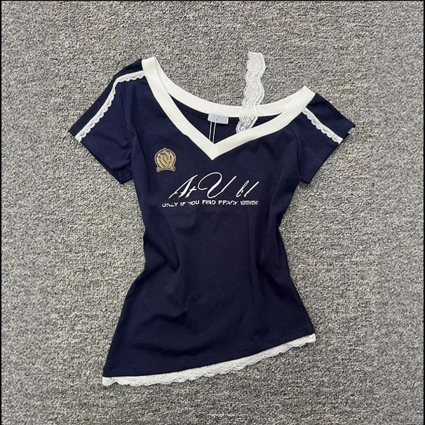 Women's Clothing Women's Pure Lace Trimmed Off-Shoulder Short Sleeve T-Shirt Slim Fit Waist Cinching Summer Style Unique Versatile Top_ecoleips.com