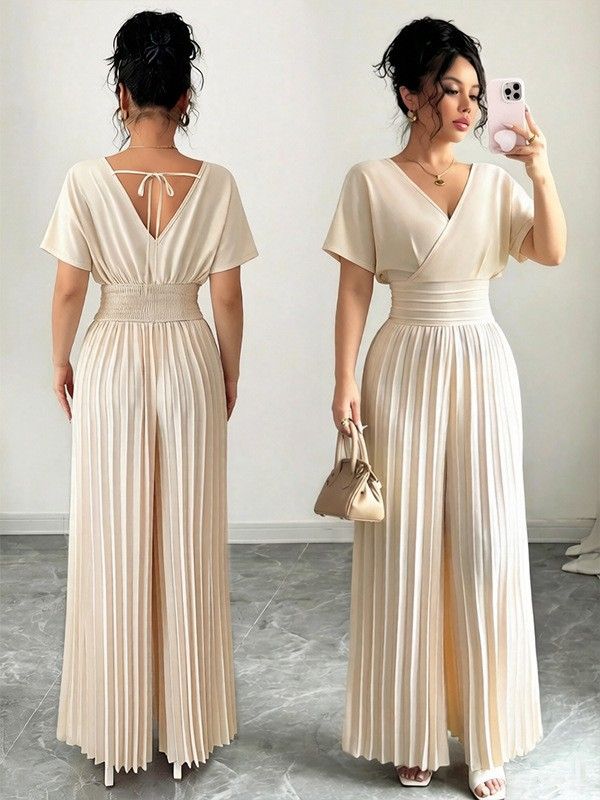 2026 New Model Commuting European And American Style Fashionable Elegant Solid Color V-Neck Short Sleeve Waist-Cinching_ecoleips.com