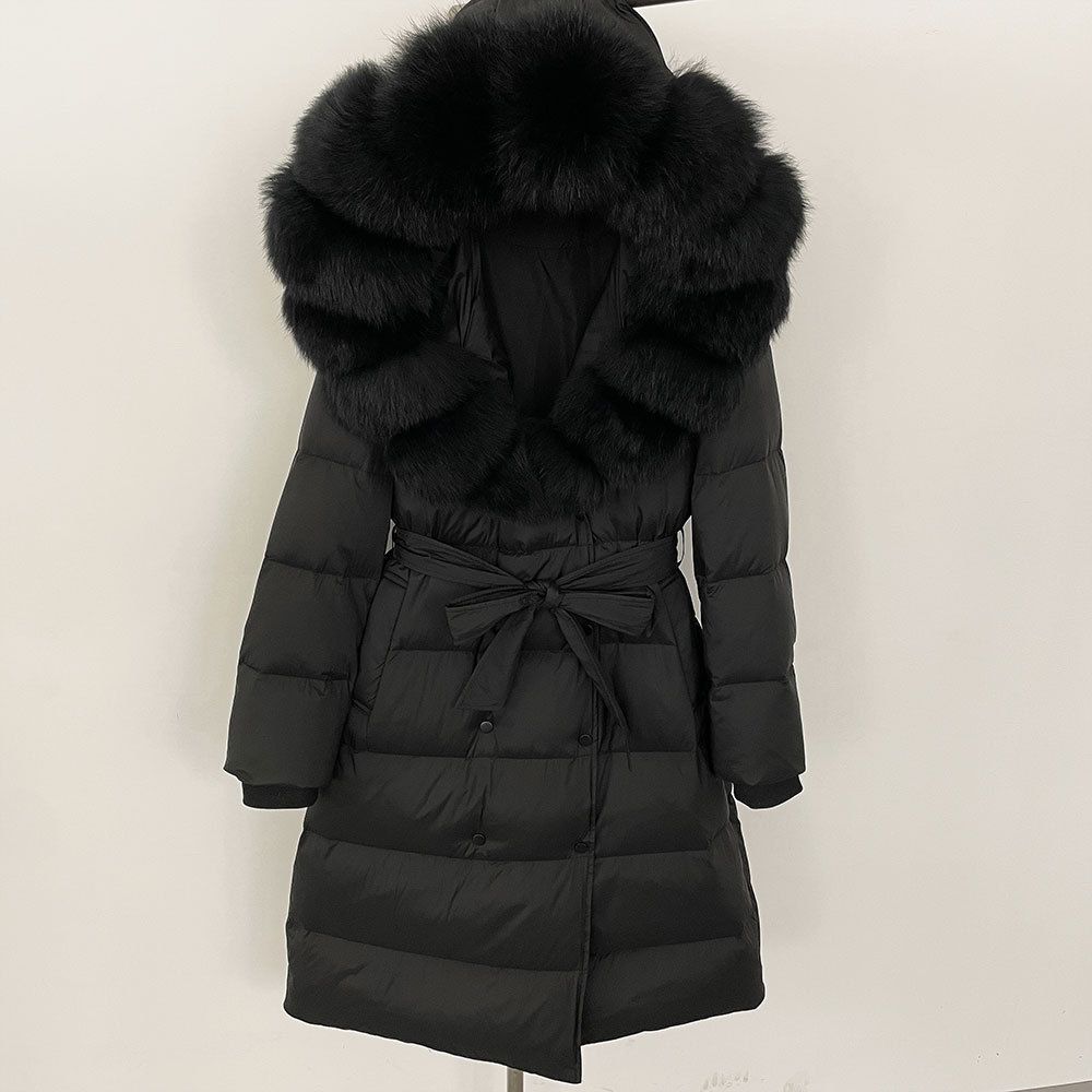 Women's Clothing Long Hooded Down Jacket With Fox Fur Trim - Lightweight Warm Winter Coat For Elegant Commute (Black + Multiple Color Options)_ecoleips.com