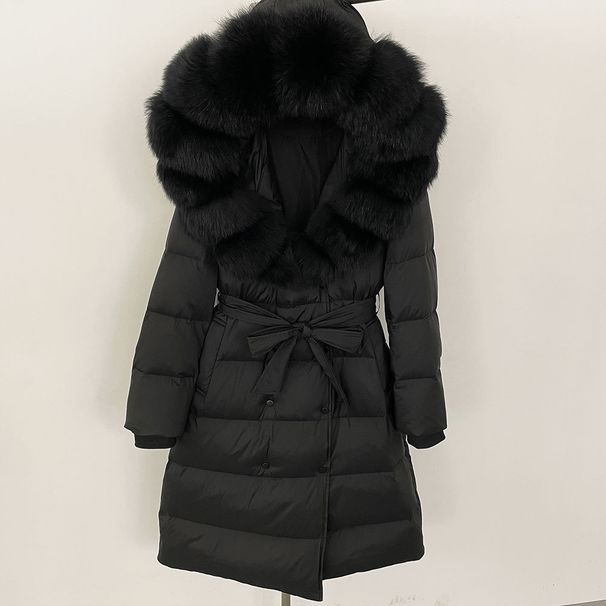 Women's Clothing Long Hooded Down Jacket With Fox Fur Trim - Lightweight Warm Winter Coat For Elegant Commute (Black + Multiple Color Options)_ecoleips.com