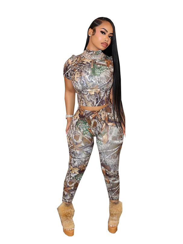 European And American Women's Fashion Set TW830 High Neck Short Sleeve Crop Top And Tight Fitting Hip Lifting Pants_ecoleips.com