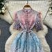 Elegant And Sophisticated Long Dress For Women, Featuring A Tie Waist Design, Three Quarter Sleeves, Openwork Crochet Lace, And Floral Print._ecoleips.com