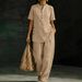 New Women's Clothing Distressed Retro Cotton Linen Two Piece Set Loose Fitting Button V Neck Casual Suit_ecoleips.com