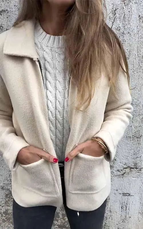 Autumn And Winter Women's Clothing Polo Collar Solid Color Zipper Pocket Jacket Mid-Length Women's Coat_ecoleips.com