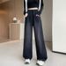 Black Women's Jeans, New Spring Style, Plus Size, High-waisted, Loose Straight-leg Pants, Slimming, Elastic Waist,_ecoleips.com