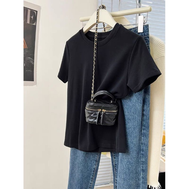Basic Brown Cotton Shoulder Short-sleeved T-shirt Women's Spring Summer Design Sense Niche Bottoming Shirt With T-shirt Top_ecoleips.com