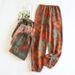 Women's Artistic Printed Cotton Gauze Pants Soft Elastic Waist Cuffed Loungewear Breathable Home Yoga Casual Beach Trousers_ecoleips.com