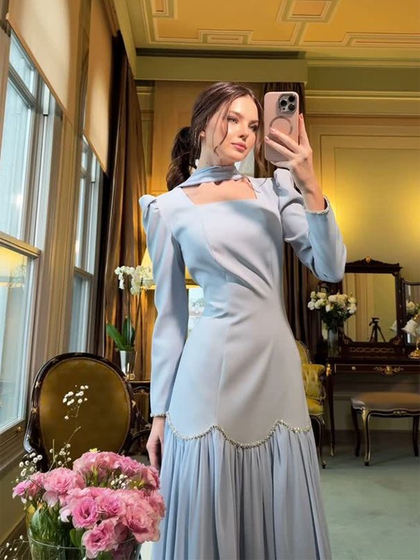 Women's Clothing Spring New Hand Studded Diamond Ribbon Design Long Sleeved Ladies Slim Dress_ecoleips.com