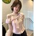 Sweet Gentle Pink Striped Off-shoulder Short-sleeve Shirt For Women, New Summer Blouse With Bow And One-shoulder Design_ecoleips.com