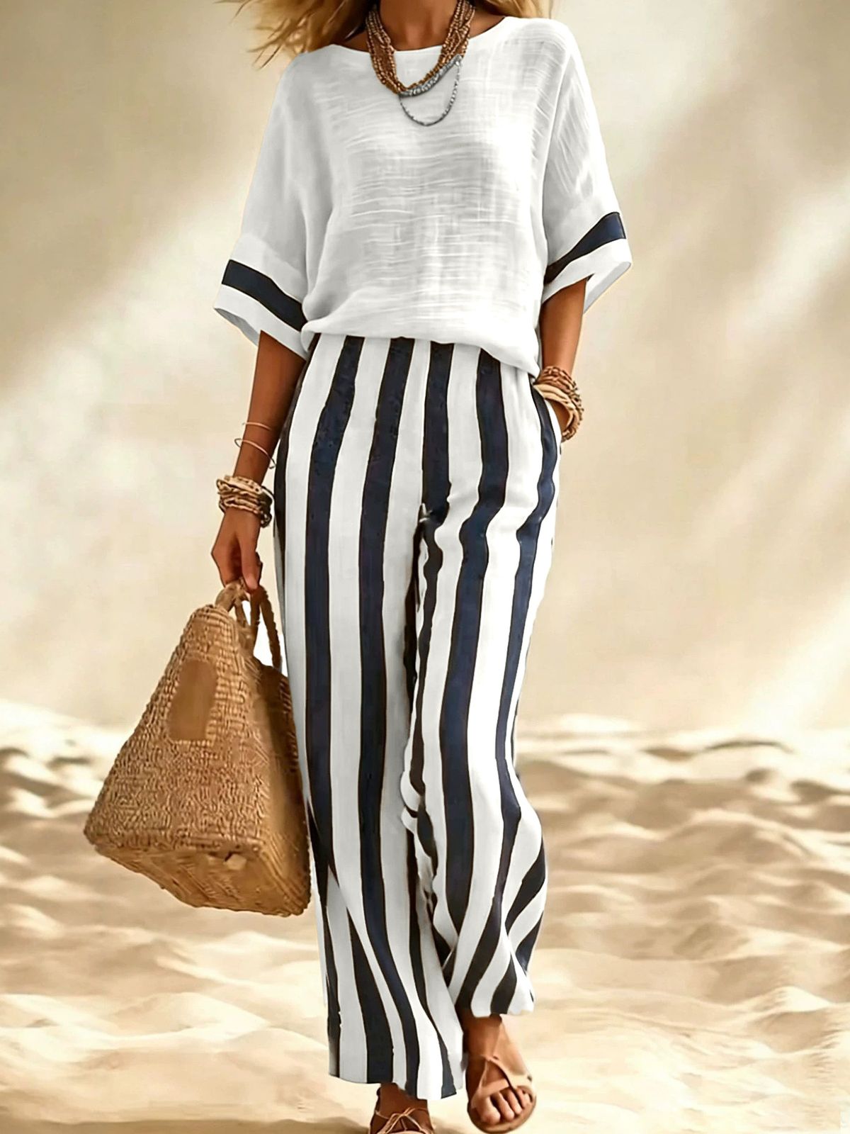 Women's Striped Short Sleeve Top And Relaxed Pants Set, Casual Comfort Two Piece Outfit_ecoleips.com
