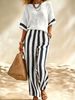 Women's Striped Short Sleeve Top And Relaxed Pants Set, Casual Comfort Two Piece Outfit_ecoleips.com