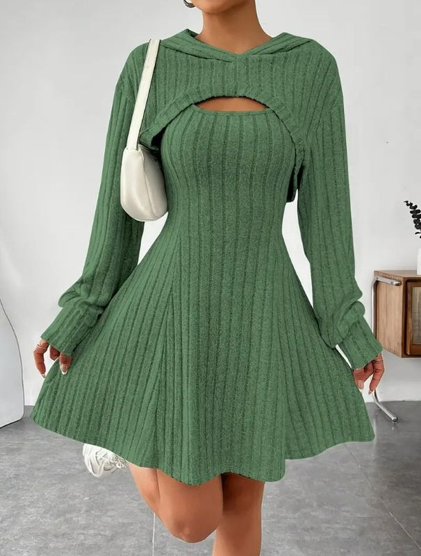 Women's Long Sleeve Hoodie Top With Sleeveless A-Line Dress Set - Casual Two Piece Outfit For Fall & Everyday Wear_ecoleips.com