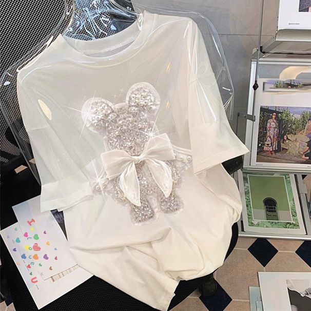 Women's Clothing goods three dimensional diamond sequin embroidery cartoon short sleeved T shirt for women summer loose fashion age reducing tops_ecoleips.com