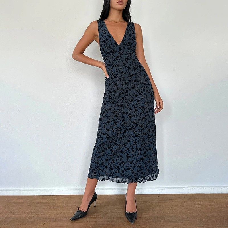 Women's Clothing Slim Fit Long Dress Waist Cinching V Neck American Style Fashion Printed Summer New_ecoleips.com