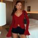 Women's Sexy V Neck Cardigan European American Style Ruffles Bell Sleeves Slimming Waist Top_ecoleips.com