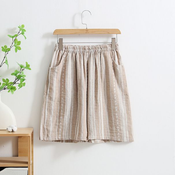 Retro Jacquard Pajama Shorts For Ladies Thin Yarn-Dyed Cotton And Linen Double Side Pockets Homewear Short Pants_ecoleips.com