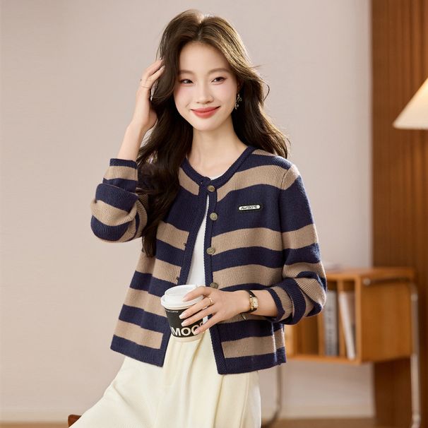 Striped Colorful Round Neck Single Button Knit Cardigan Women's Autumn Casual Sweater Jacket Long Sleeve Outerwear_ecoleips.com