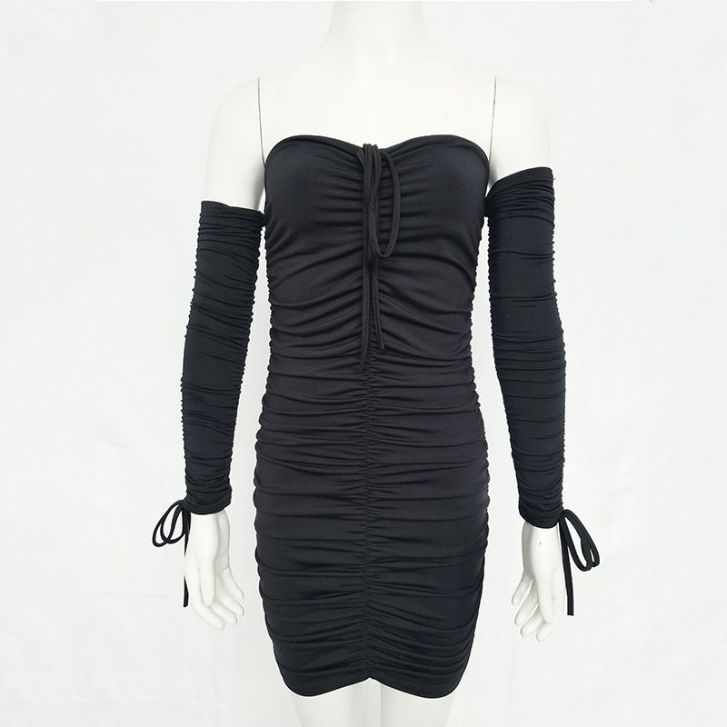 Women Stylish Elegant Dress With Solid‑Color Patchwork Design, Trendy Off‑Shoulder Neckline, Long Sleeves And Strapless Bandeau Detail_ecoleips.com