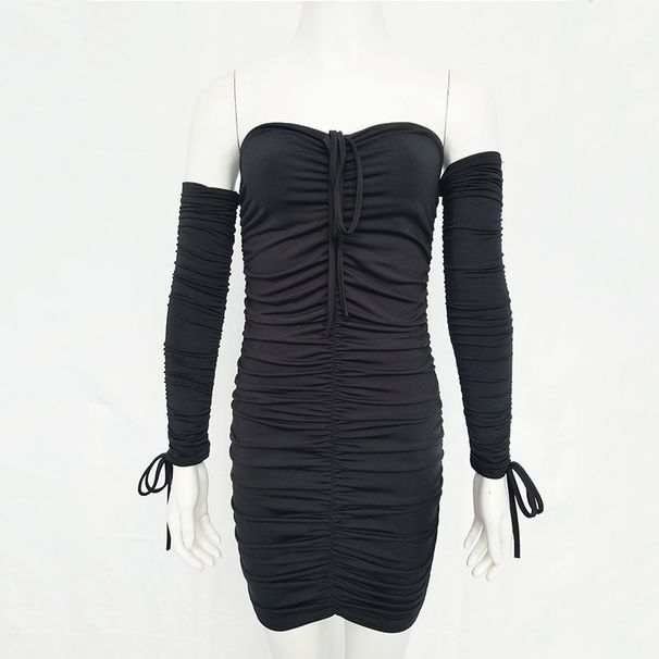 Women Stylish Elegant Dress With Solid‑Color Patchwork Design, Trendy Off‑Shoulder Neckline, Long Sleeves And Strapless Bandeau Detail_ecoleips.com