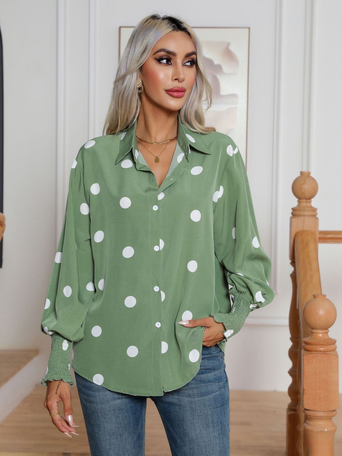 Polka Dot Print Lantern Blouse Women Long Sleeve Shirt New Women's Fashion_ecoleips.com