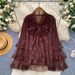 Women's French Style Lace Blouse Red Bow Long Sleeve Loose Fit Elegant Top for Spring Autumn Youthful Gentle Fashion_ecoleips.com