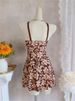 Vintage Coffee Floral Print Two Piece Swimsuit 2026 Women V Neck Slim Dress High Waist Short Swimsuit Beach Bathing Suit Bikini_ecoleips.com