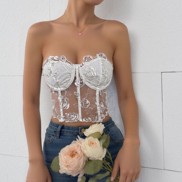 Slim Fit European And American Style Tank Top For Women, Black, Sexy, Patchwork, 3D Floral, Underwire, Fishbone Bra_ecoleips.com