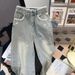 Women High Waisted Wide Leg Jeans With Lace Trim & Bow Embroidery, Light Blue Loose Denim Pants For Casual Daily Wear_ecoleips.com