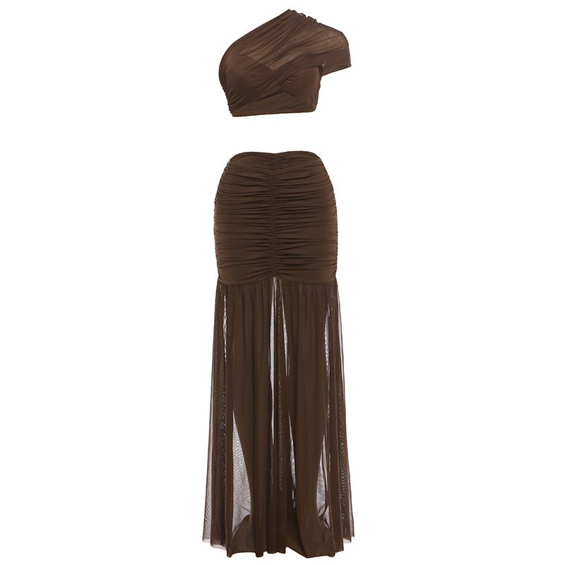 Women's Brown Bodycon Off-Shoulder Mesh Panel Mini Dress, Stretchy Sleeveless Cocktail Bodycon Dress_ecoleips.com
