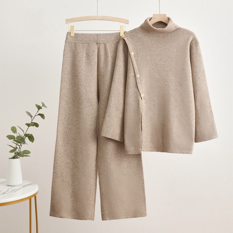 Winter Knit Turtleneck Sweater & Wide-Leg Pants Set – Button Detail Casual Outfit, Pure Color Comfortable Two-Piece For Women_ecoleips.com