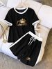 Queen Crown Print Women's Summer Outfit Set Short Sleeve Top & Shorts Casual Luxury England Style Fashion Polyester_ecoleips.com