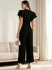 2026 Summer New Pure Black Lotus Leaf Sleeve Jumpsuit Women's V-neck Pleated Waist Wide Legs Elegant Commuter Jumpsuit_ecoleips.com