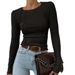 Solid Color Segmented Chest Long Sleeve Round Neck T-Shirt Top For Women_ecoleips.com