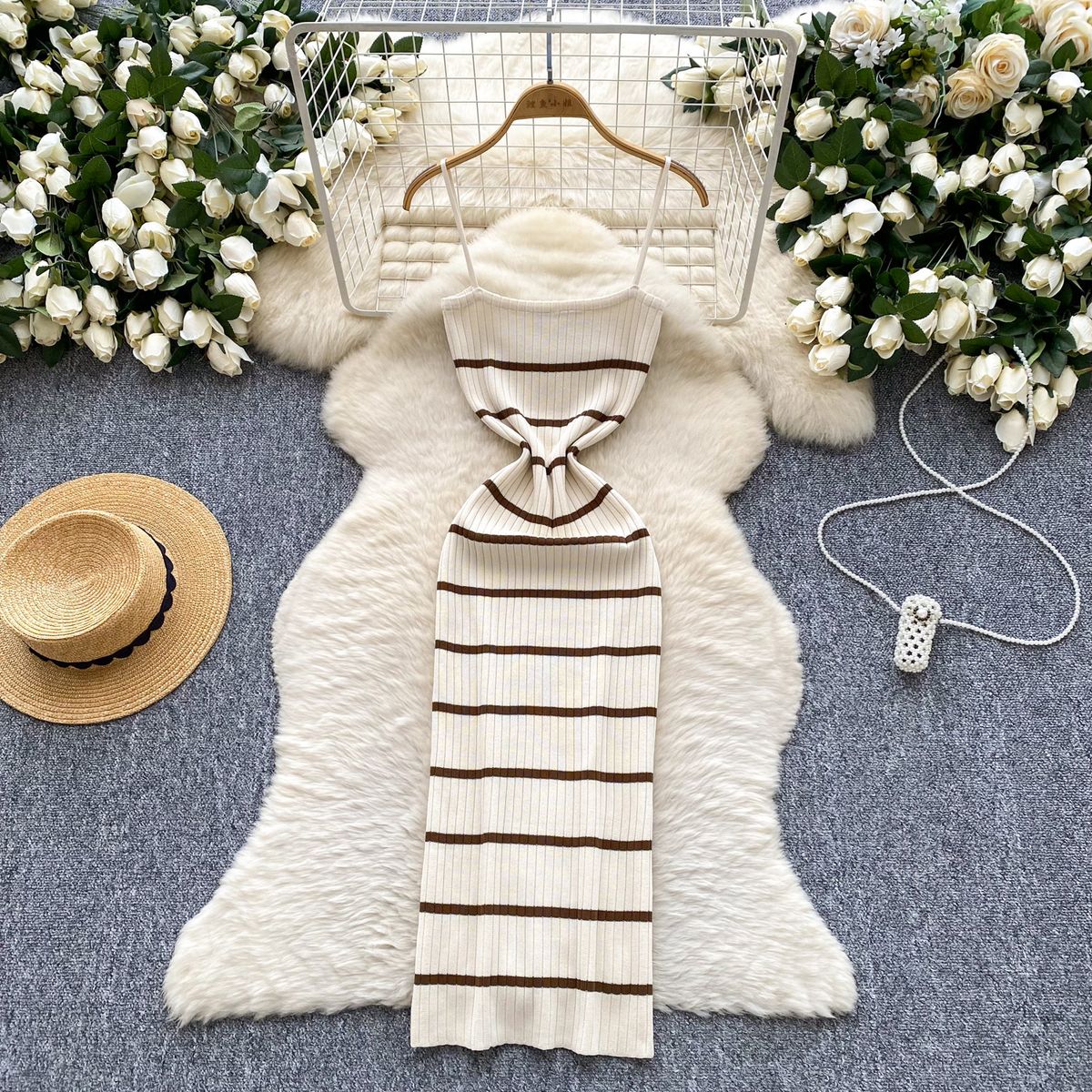 2025 New Summer Sexy Women Sleeveless Strap Knitted Dress Spaghetti Striped Printing Elastic Bodycon Slim Maxi Long Dress_ecoleips.com