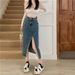 Verve 007 Irregular High Waist Split For Women, INS Style, Mid-Length, Niche Frayed Hem Denim A-Line Skirt_ecoleips.com