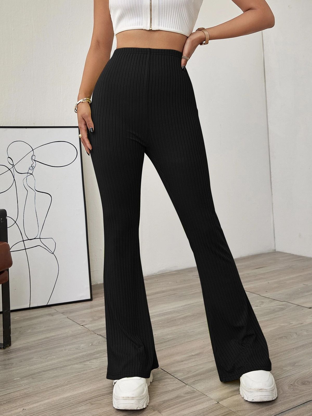 Voya Women's Spring Summer New European And American Style High-waisted Slim-fit No-belt Flared Knit Casual Long Pants Casual Flared Pants_ecoleips.com
