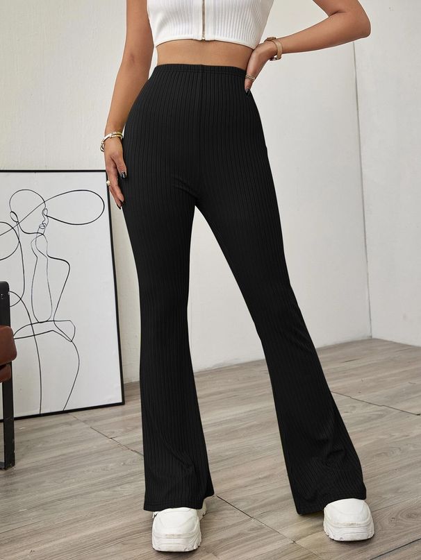 Voya Women's Spring Summer New European And American Style High-waisted Slim-fit No-belt Flared Knit Casual Long Pants Casual Flared Pants_ecoleips.com