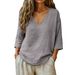 2026 Spring/Summer New Women's Casual Loose Fashion Slub Cotton Mid-Sleeve V-Neck Top_ecoleips.com