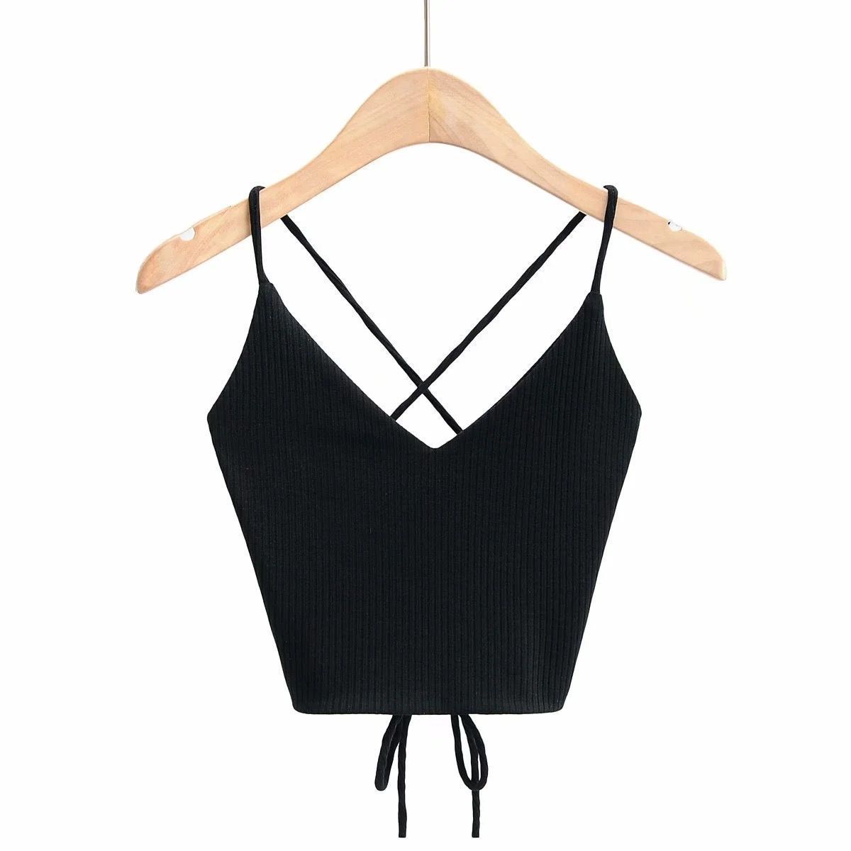 Women's Halter Tops Lace-up Tie Back Ribbed Knit Tank Tops Sleeveless Crop Tops For Teengirls 2024 Summer Sexy Club Outfit_ecoleips.com