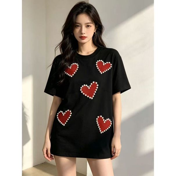2026 Summer 100% Cotton Loose New Casual Design Pearl 3D Heart Short Sleeve T-Shirt Top_ecoleips.com