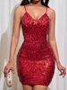 Women's Clothing New Fashion Pure Color Sequin Backless Lace Up V Neck Short Hip Wrapped Dress_ecoleips.com