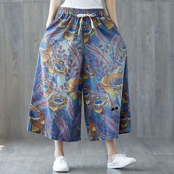 2025 Summer New Elatic Wait Wide-Leg Skirt-Pant Printed Plu Size Nine-Point Ripped Ethnic Style Jean Wanderer_ecoleips.com