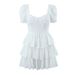 Women Elegant French Puff Sleeve Tiered Cake Dress High Waist Slim Fit Flared A‑Line Dress_ecoleips.com