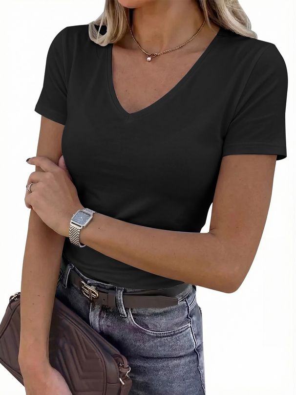 Women's Stretch V-Neck Short Sleeve T-Shirt - Soft Comfort Fit Casual Basic Top For Everyday Wear Sleek Slim Fit_ecoleips.com