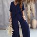 Cross Border European And American 2025 V Neck Bat Sleeve Casual Loose Wide Leg Pants Suit For Women_ecoleips.com