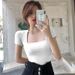 Square Collar Short-sleeved T-shirt Women's Summer Tight Big Neckline Exposed Collarbone French Retro Sexy Half-sleeved Top_ecoleips.com