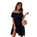 Women's Short Sleeve One Shoulder Dress European American Style Pleated Solid Color Neck Waist Detail New 2022 Amazon AliExpress_ecoleips.com