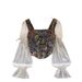 Women's Square Neck Top with Puff Sleeve Short Shirt Unique Design Niche Style Pure Alluring Oil Painting Print Mesh Patchwork_ecoleips.com