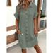 Summer V Neck Button up Cotton Linen Dress for Women Simple Shirt Dress Beach Style Bohemian Casual Suitable for Ages 16-45_ecoleips.com