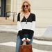 Fashion T-shirt For Women In Spring 2025, Long Sleeved V-neck Contrasting Button Up Top_ecoleips.com